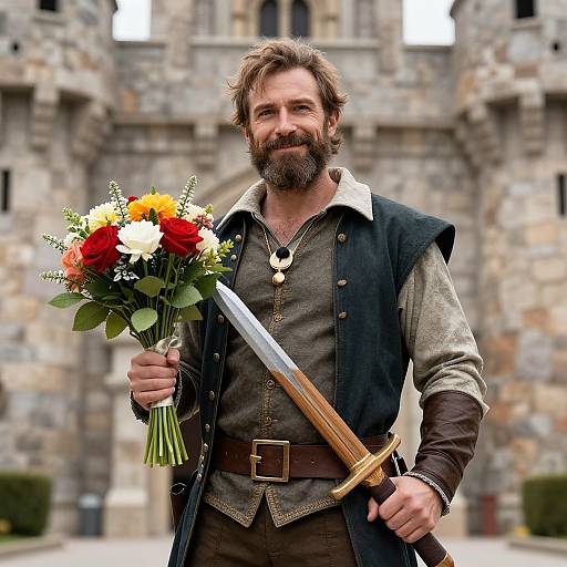 Medieval Man Holding Flowers and Sword in Front of Castle