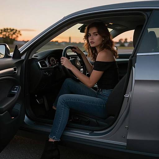 Young Woman Driving Car at Sunset Lifestyle Portrait