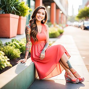 Smiling Woman in Coral Dress Outdoors