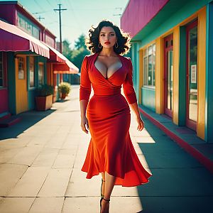 Confident Woman in Red Dress on Colorful Street