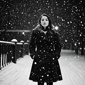 Confident Woman in Snowy Night Setting