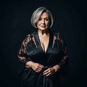 Elegant Mature Woman in Black Lace Robe Portrait