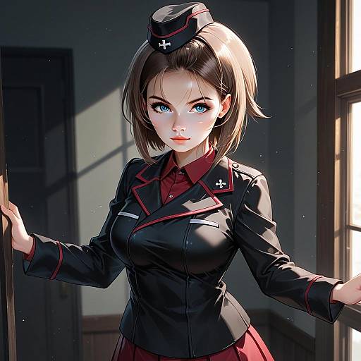 Anime Style Young Woman in Dark Military Uniform Illustration