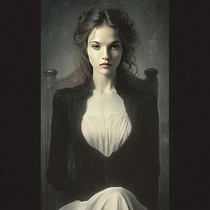 Classical Portrait of Woman in Vintage Gothic Style Sitting on Carved Wooden Chair