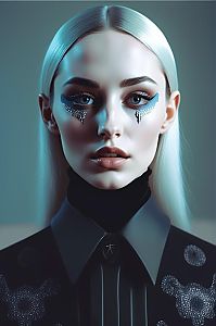 Striking Portrait of Woman with Platinum Blonde Hair and Artistic Makeup