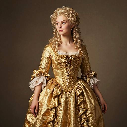 Woman Wearing Gold 18th Century Style Dress with Curly Hair