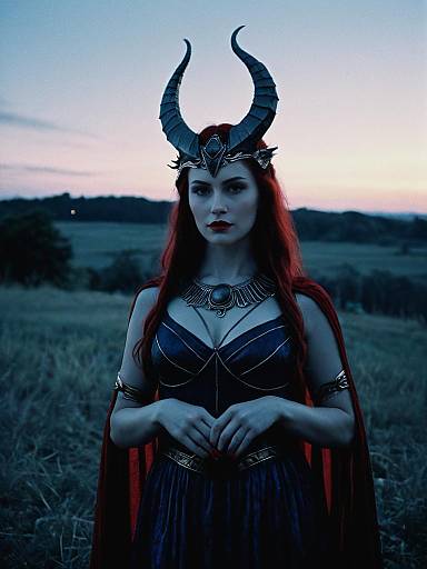 Photorealistic Portrait of Woman in Lilith Goddess Costume with Horned Headgear