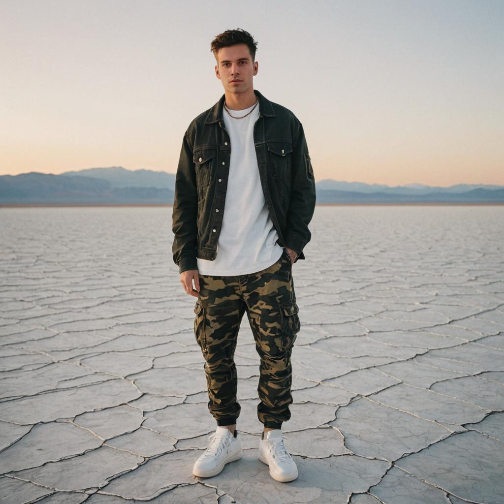 Confident Man in Denim Jacket on Cracked Desert