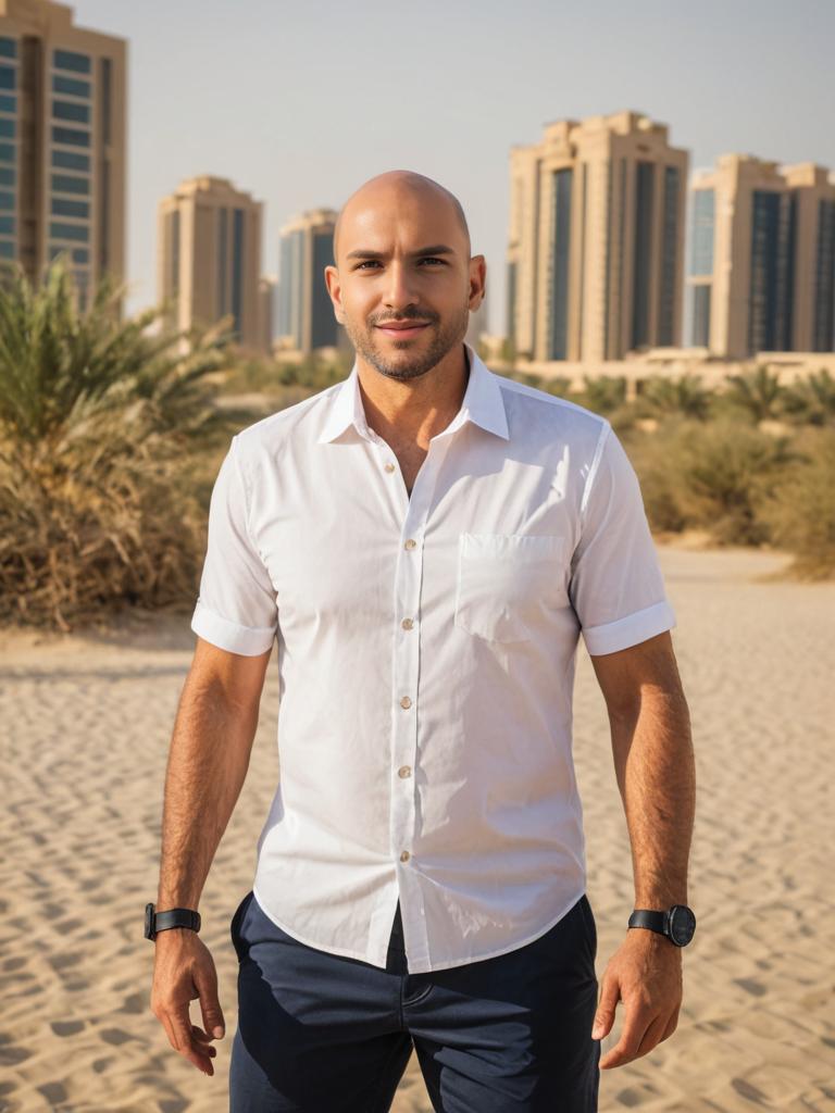 Bald man in white shirt on sandy area with tall buildings