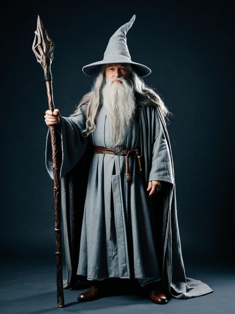 Man in Gandalf Costume Full Body Cosplay Photo with Staff