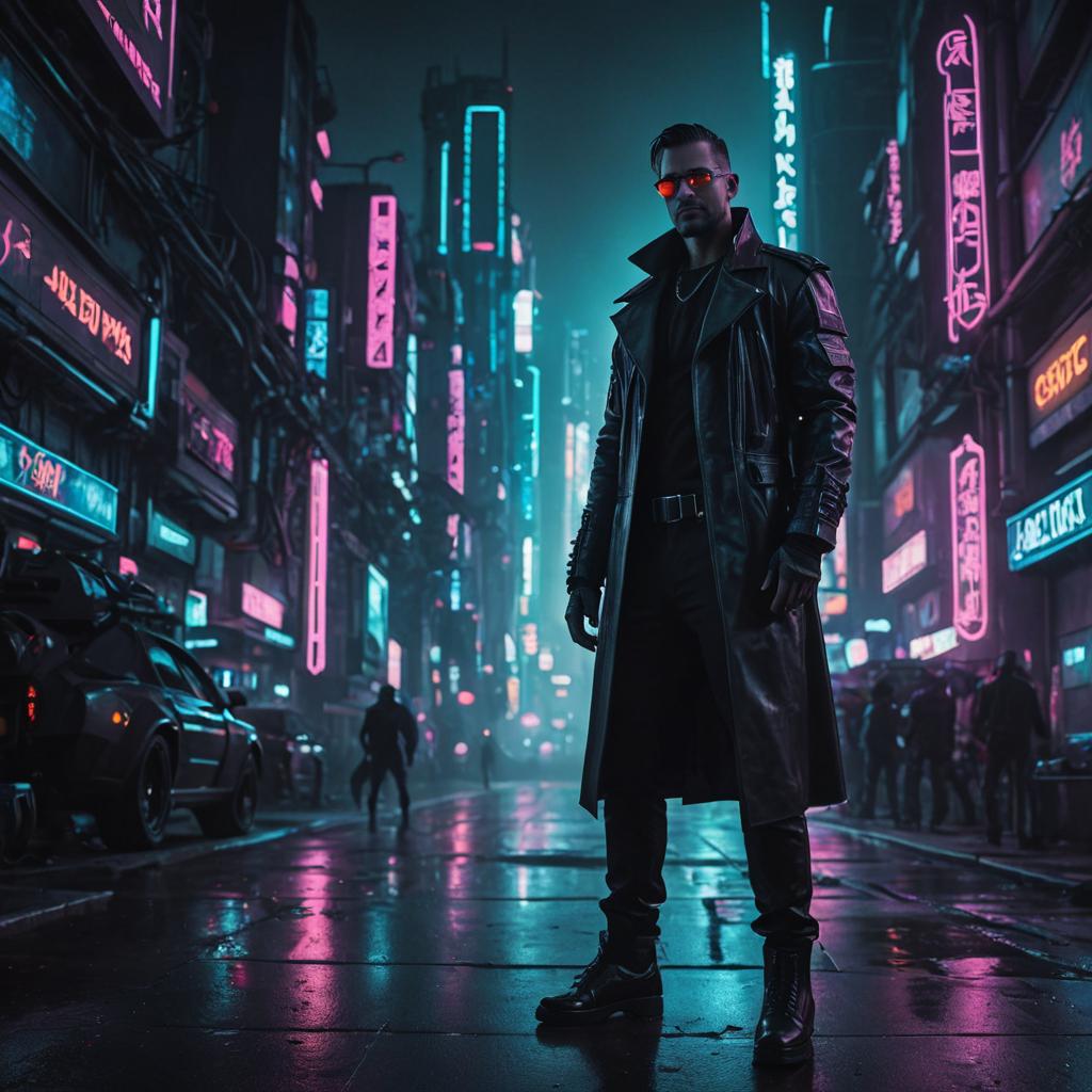 Man in Neon-lit Cyberpunk Nightscape