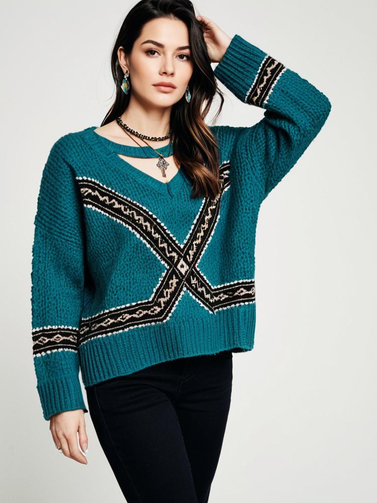Woman Wearing Casual Chic Oversized Teal Knit Sweater with Ribbed Texture