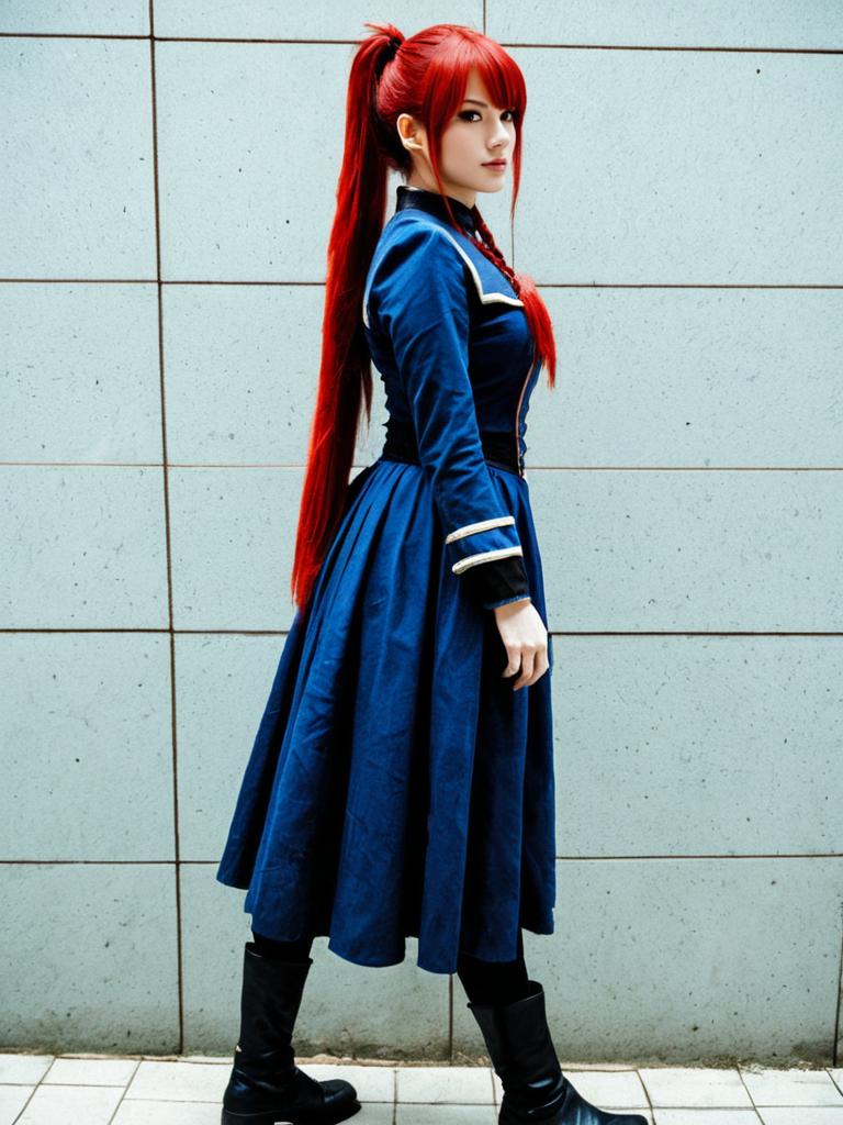 Woman in Blue Military-Style Dress with Long Red Hair Cosplay