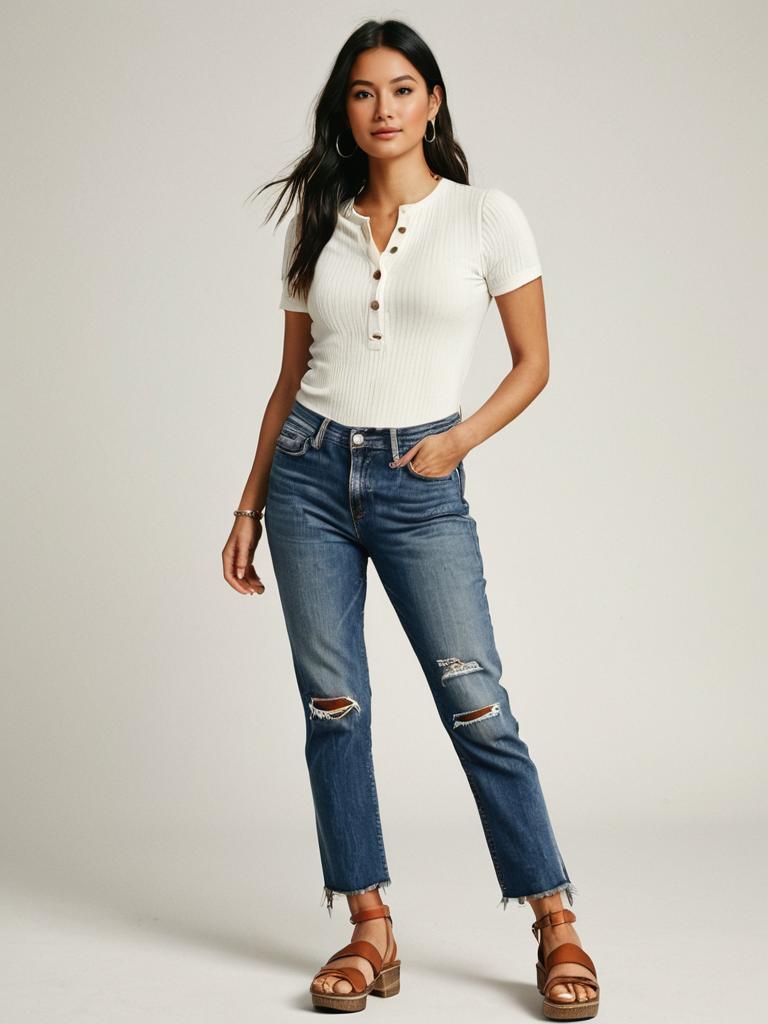 Casual Chic Woman in Ribbed White Henley Top and Distressed Jeans