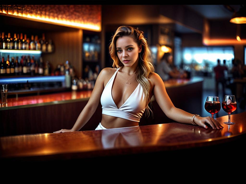 Confident Woman in White Outfit at Bar