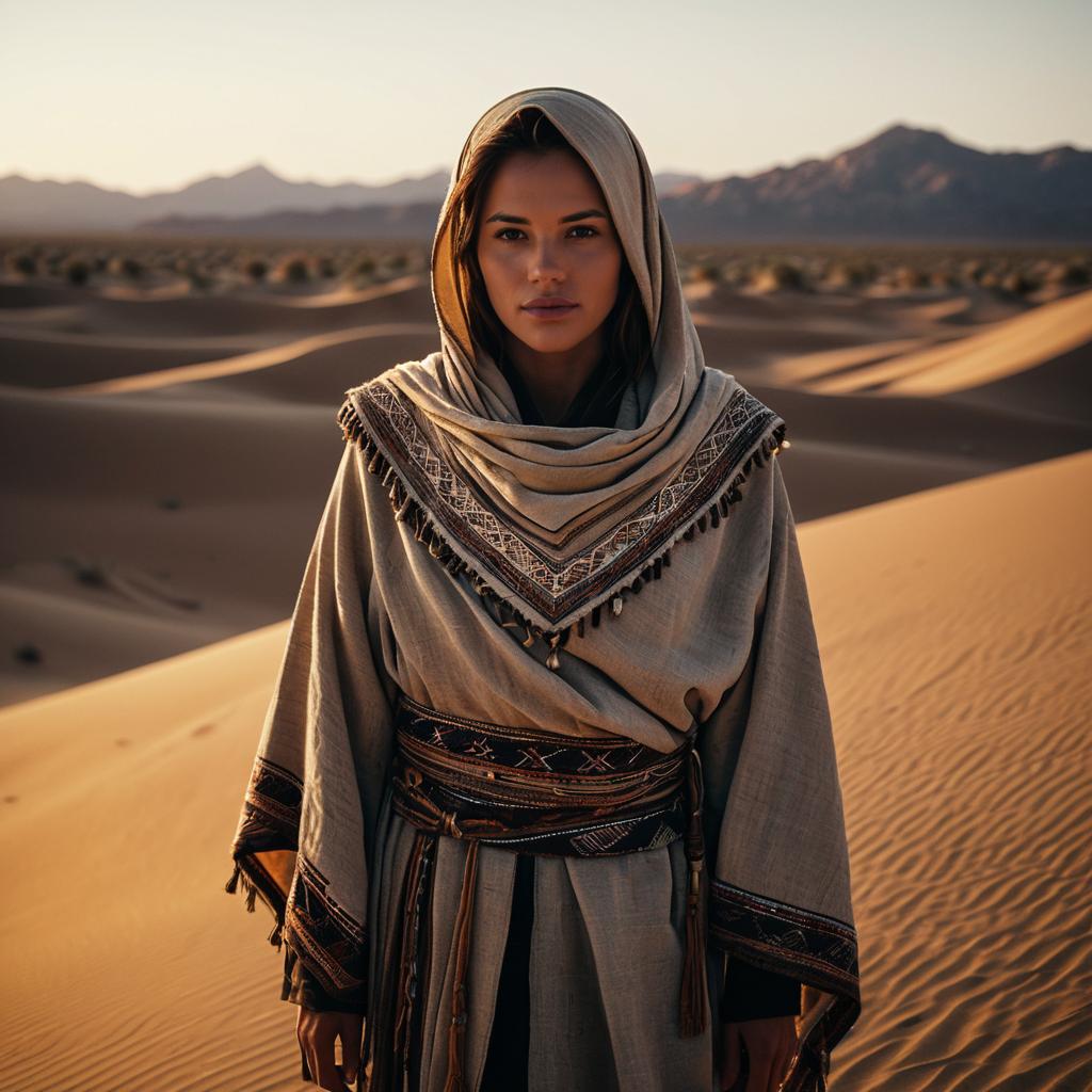 Woman in Traditional Middle Eastern Desert Attire Standing in Golden Sands at Sunset