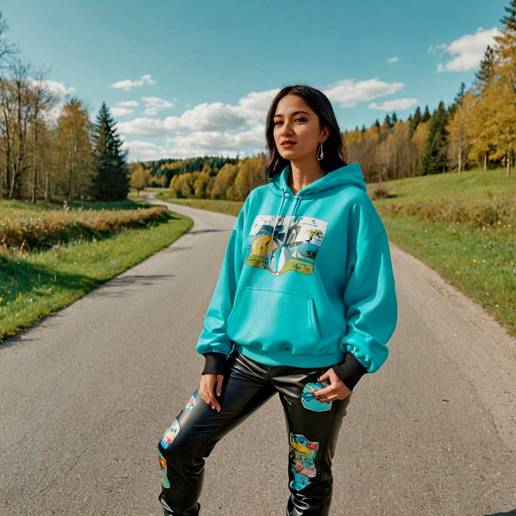 Confident Young Woman on Country Road in Turquoise Hoodie