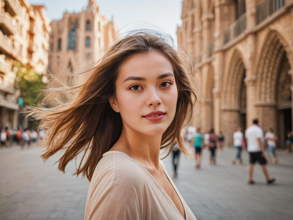 Young Woman with Windswept Hair in Barcelona