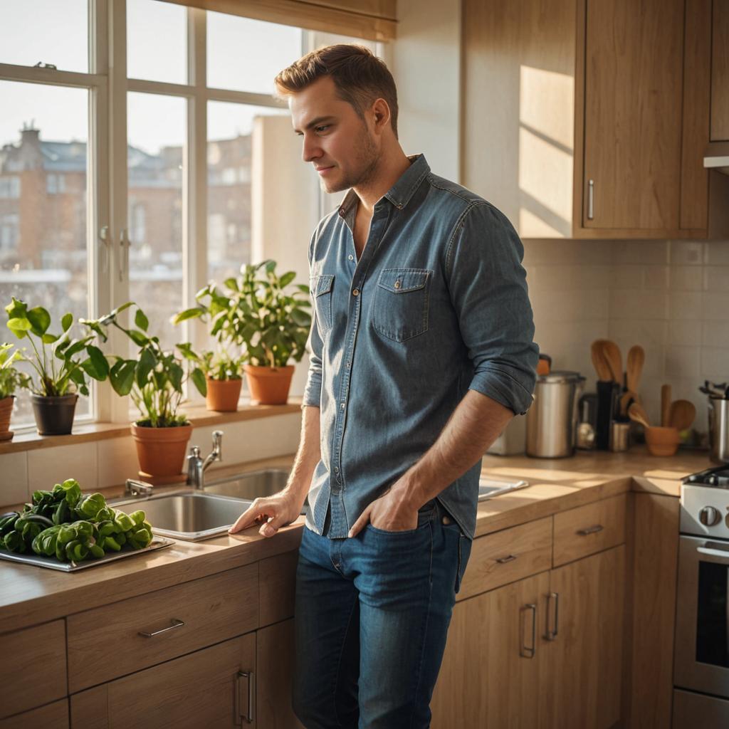 Man in Denim Shirt in Modern Kitchen with Vegetables