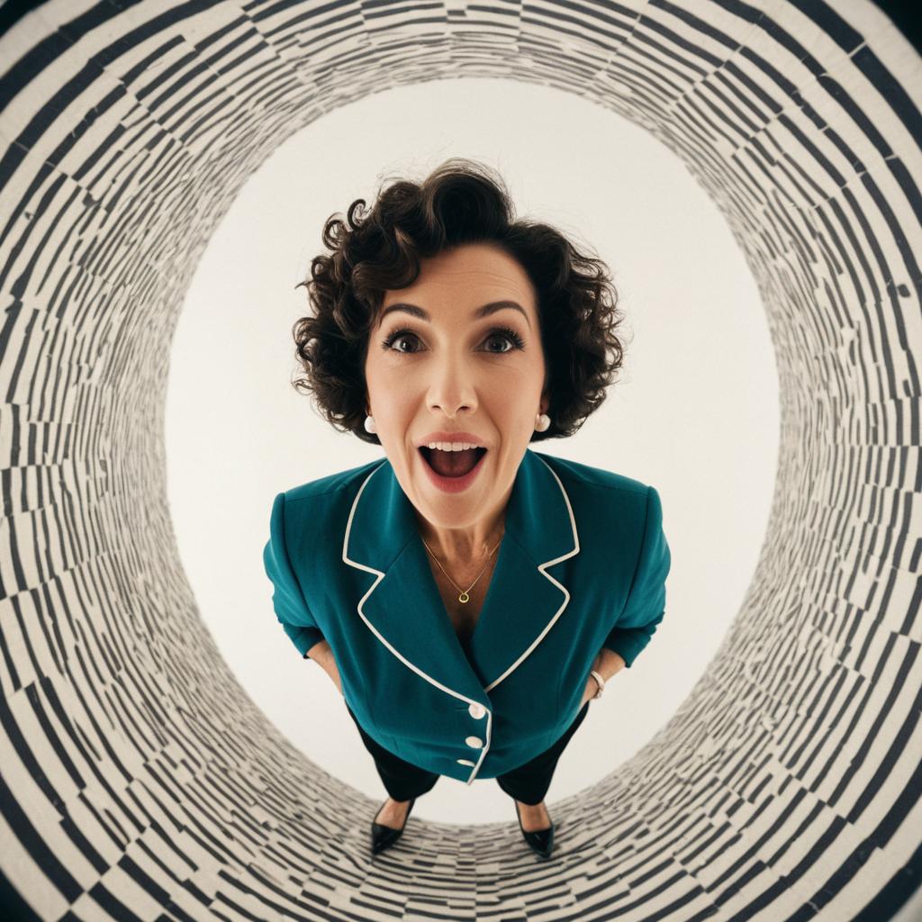 Surprised Woman in Teal Blazer with Fisheye Distorted Background