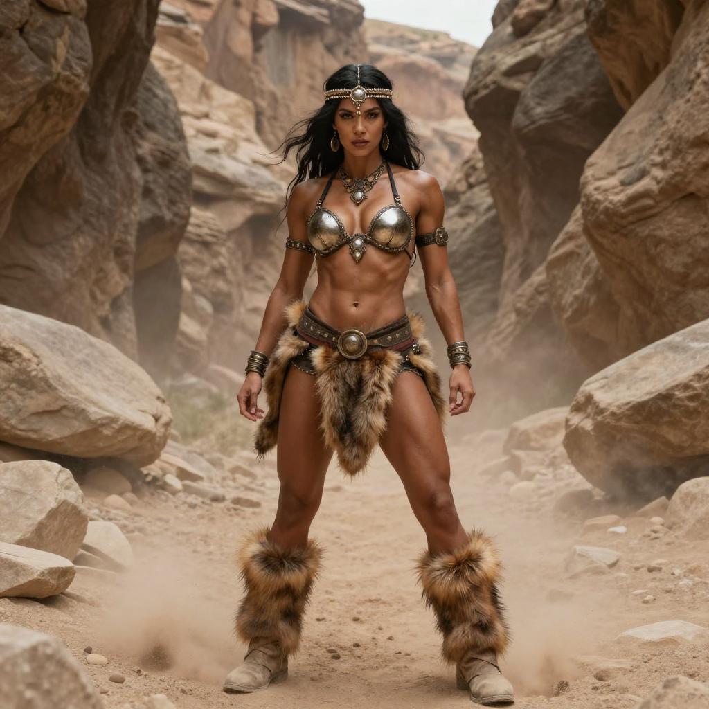 Fierce Woman Warrior in Desert Canyon with Armor and Fur