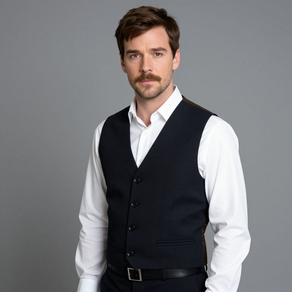 Portrait of Man Wearing White Shirt and Black Waistcoat on Gray Background