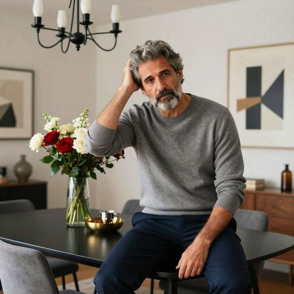 Thoughtful Middle-Aged Man Sitting on Modern Dining Table in Contemporary Room