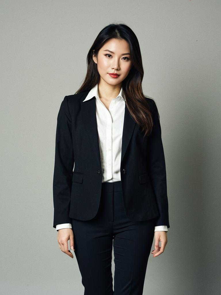 Woman in Smart Casual Business Attire with Black Blazer and White Shirt