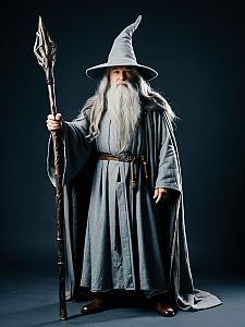 Man in Gandalf Costume Full Body Cosplay Photo with Staff