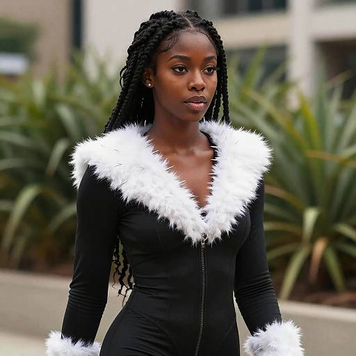 Stylish Woman in Black Outfit with White Fluffy Collar and Cuffs Outdoors