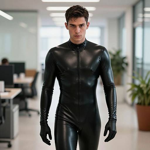 Man in Black Latex Bodysuit Walking in Modern Office