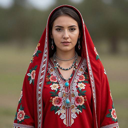 Portrait of Woman in Traditional Red Embroidered Shawl with Turquoise Jewelry