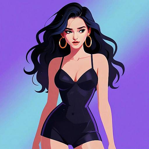 Stylish Young Woman in Black Outfit Digital Illustration