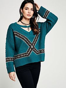 Woman Wearing Casual Chic Oversized Teal Knit Sweater with Ribbed Texture