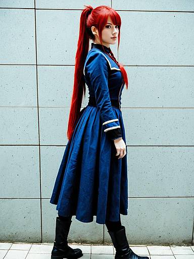 Woman in Blue Military-Style Dress with Long Red Hair Cosplay