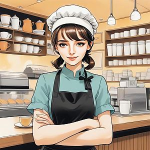 Confident Young Woman in Chef's Hat at Cozy Coffee Shop