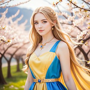 Young Woman in Cherry Blossom Trees