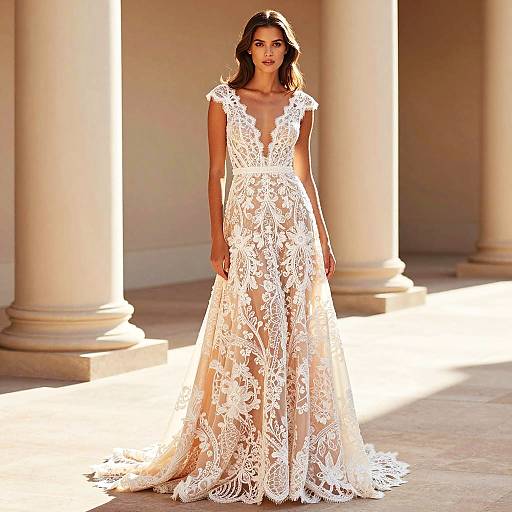 Elegant Lace Wedding Dress with Floral Embroidery and Deep V-Neckline