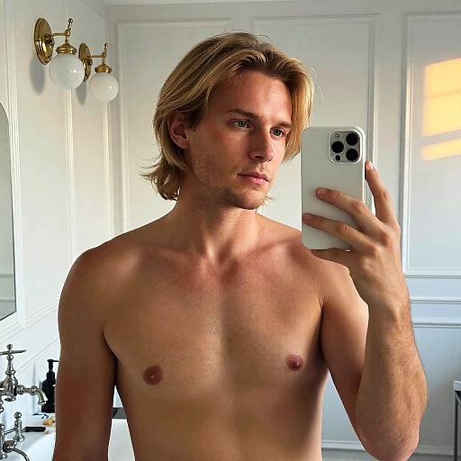 Blonde Man Taking Bathroom Selfie with Smartphone