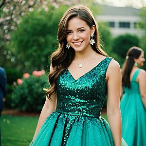 Young Woman in Green Glitter Prom Dress