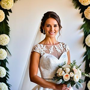 Beautiful Bride in Lace Wedding Gown with Roses