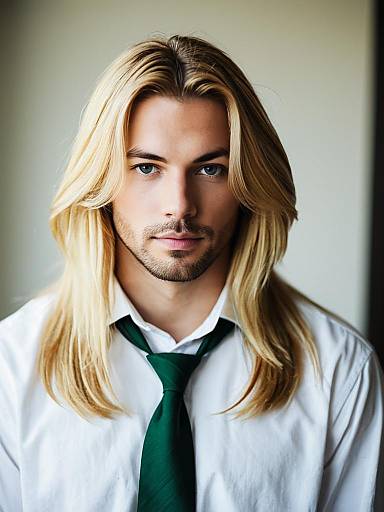 Portrait of Young Man with Blonde Hair Wearing White Shirt and Green Tie
