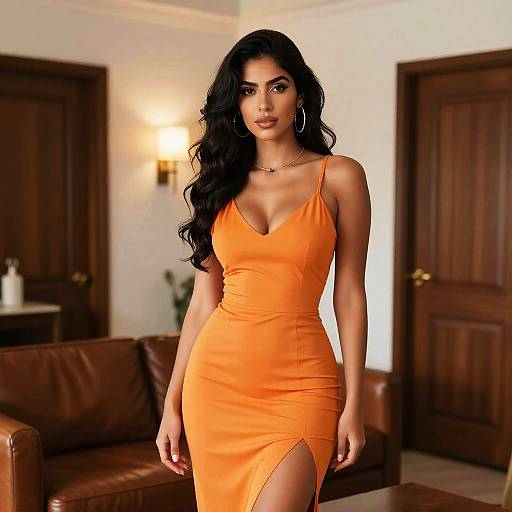 Confident Woman Wearing Orange Dress with Thigh-Slit in Cozy Interior