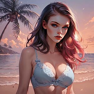 Young Woman with Pink Hair on Tropical Beach at Sunset