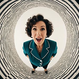 Surprised Woman in Teal Blazer with Fisheye Distorted Background