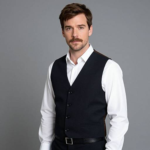 Portrait of Man Wearing White Shirt and Black Waistcoat on Gray Background