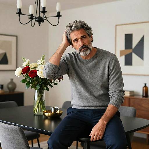 Thoughtful Middle-Aged Man Sitting on Modern Dining Table in Contemporary Room