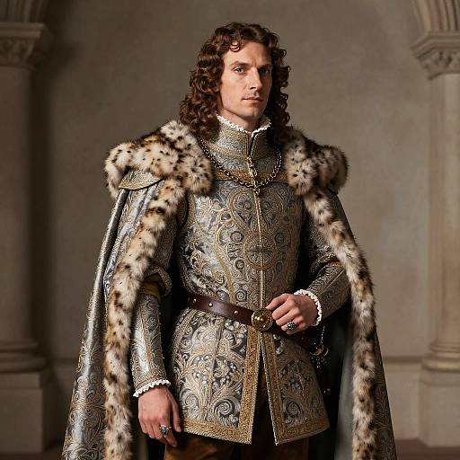 Regal Man in Embroidered Renaissance Outfit with Fur Cape