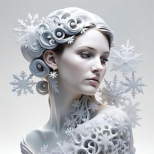 Serene Woman with Icy Snowflake Motifs