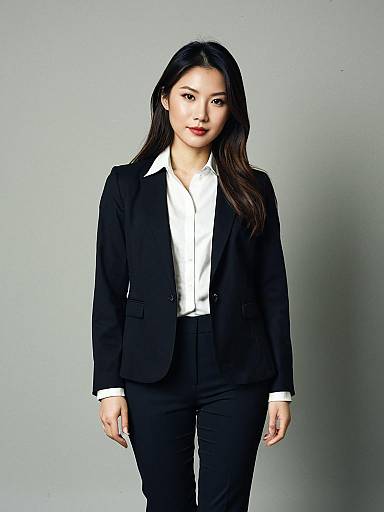 Woman in Smart Casual Business Attire with Black Blazer and White Shirt